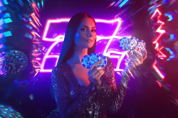 A stylish woman beside vibrant slot machines displaying glowing sevens, showcasing the variety of top slots at 3666 PET.